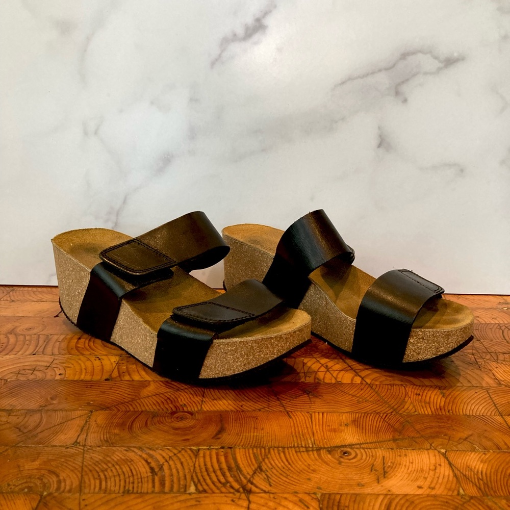 Eric Michael black platform sandals velcro straps